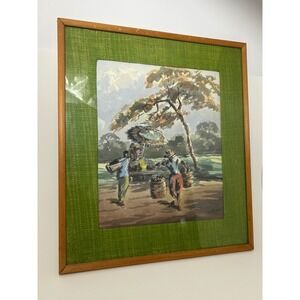 Vintage Signed Watercolor Painting Market Scene Figures Green Textured Mat Frame